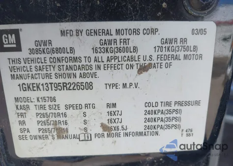 2005 GMC Yukon Sle z USA, uszkodzony, nr VIN 1GKEK13T95R226508